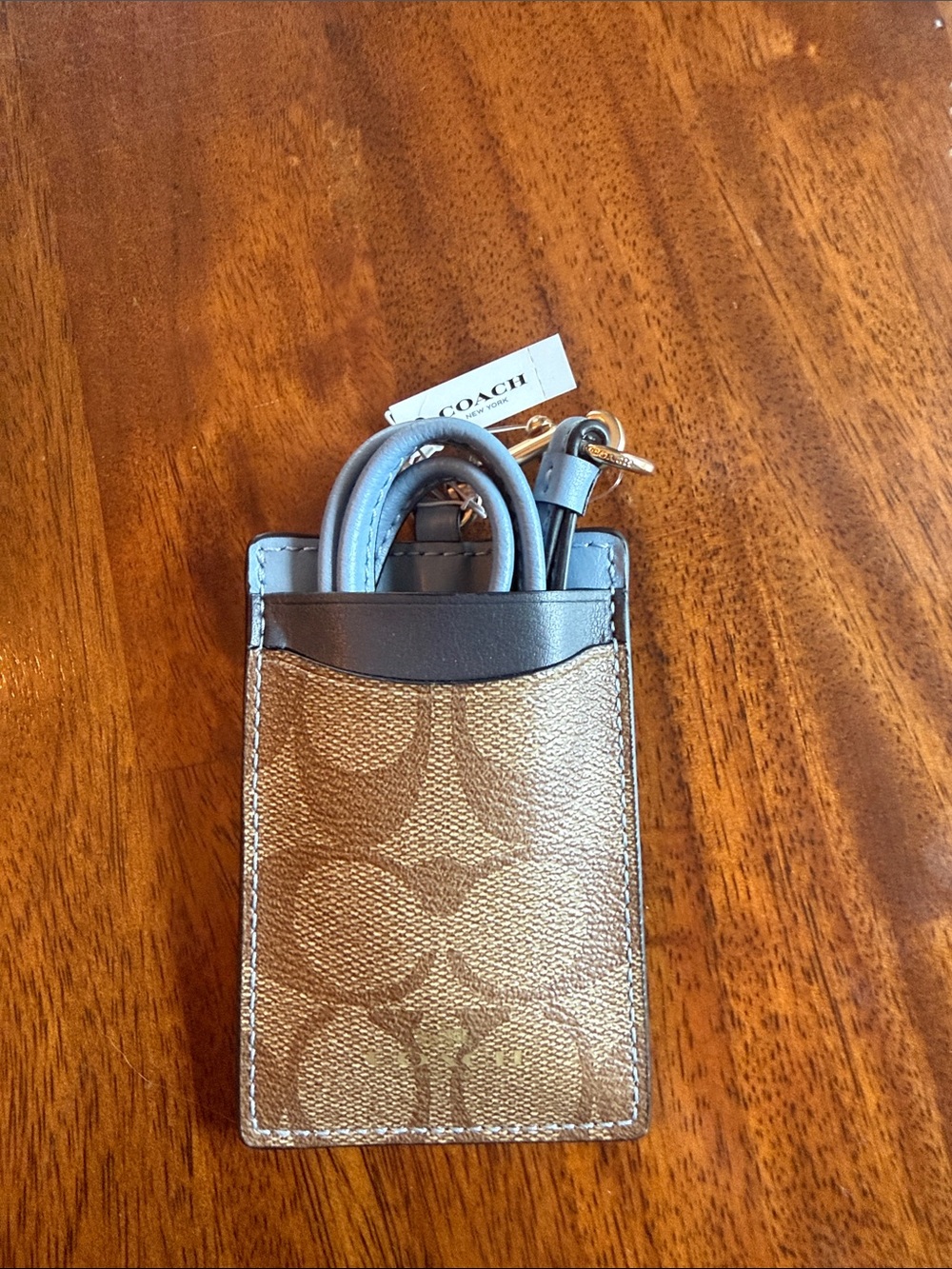 Coach Brown Signature Canvas Card Phone Case with Blue Trim and Lanyard